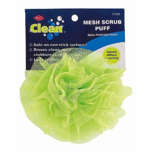Green mesh scrub puff, rectangular block with textured surface, 6.7 by 3.9 by 2.9 inches