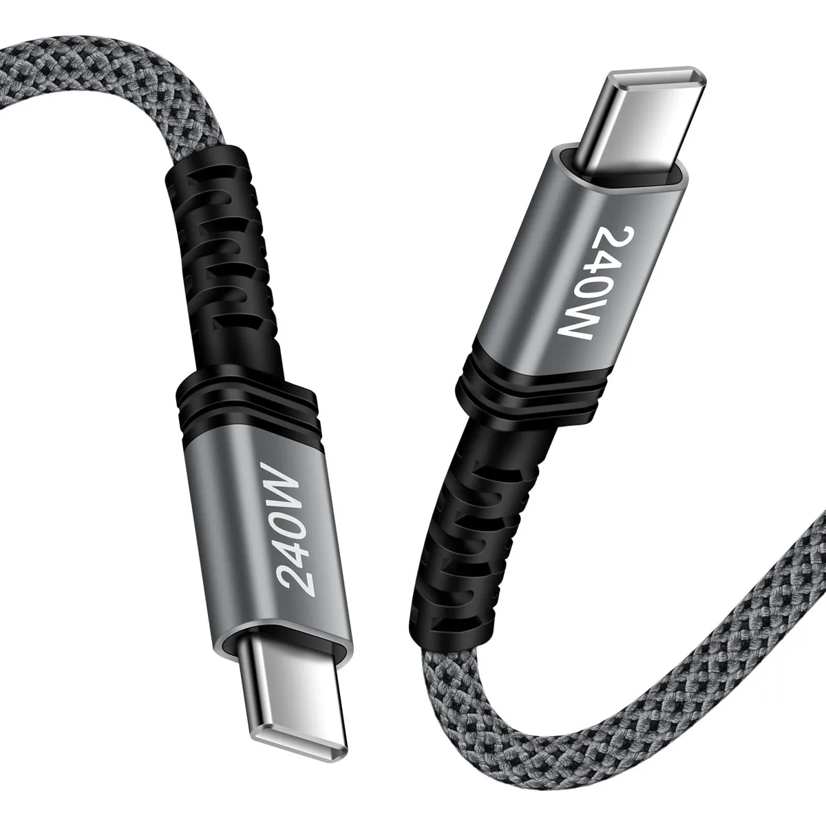 A six-foot braided USB-C to USB-C cable with male connectors on both ends