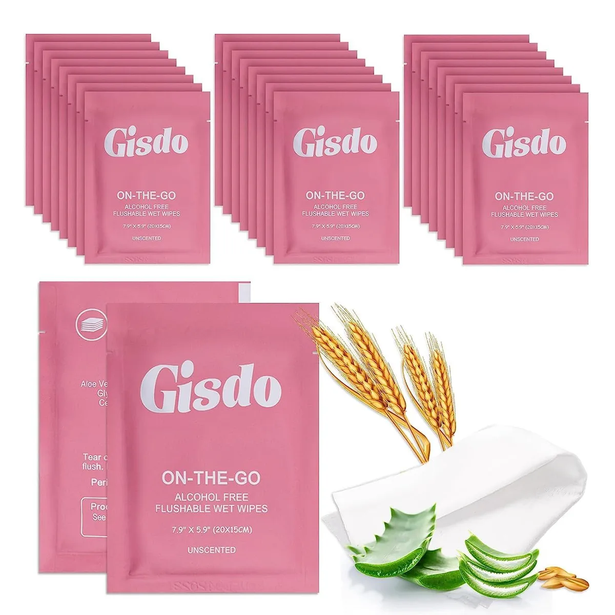White rectangular box containing 50 individually wrapped flushable wet wipes