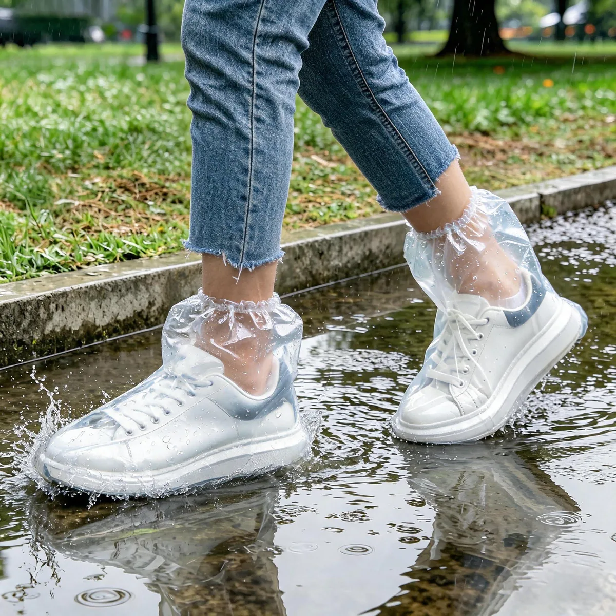 Clear disposable plastic shoe covers with elastic cuffs and textured soles, 12 pieces