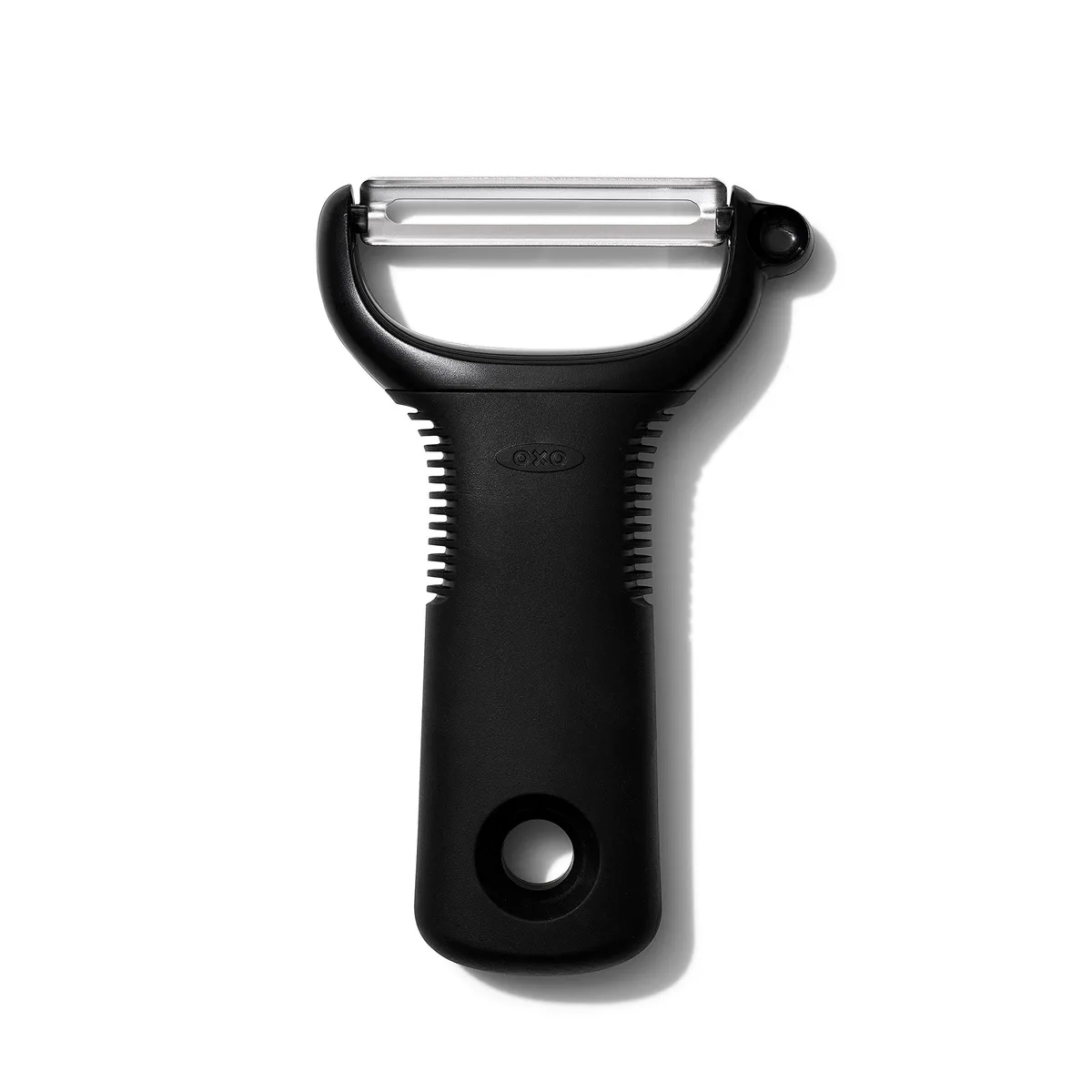 Y-shaped peeler with stainless steel blade black rubber handle and protective cover