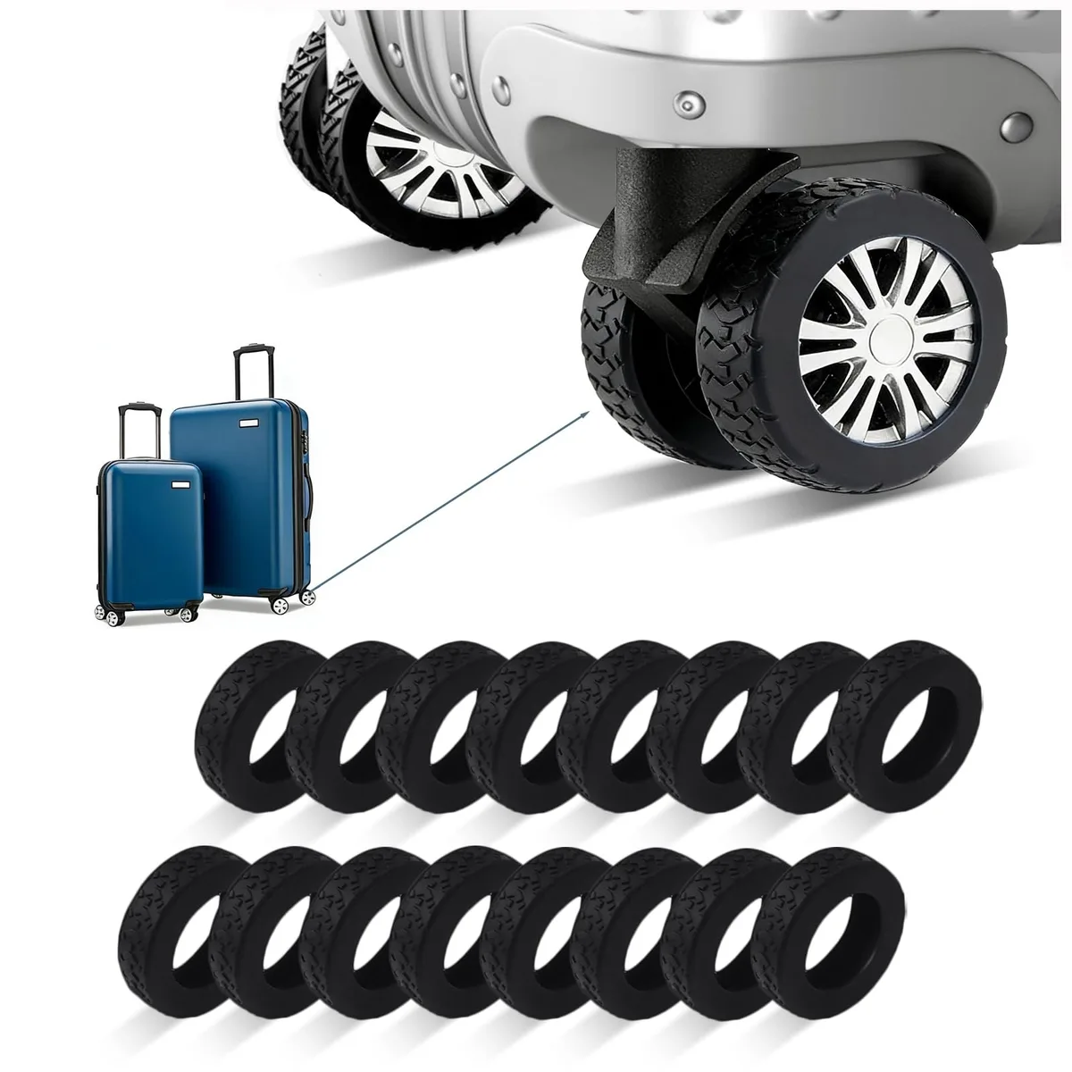 Sixteen small black silicone wheel covers laid flat