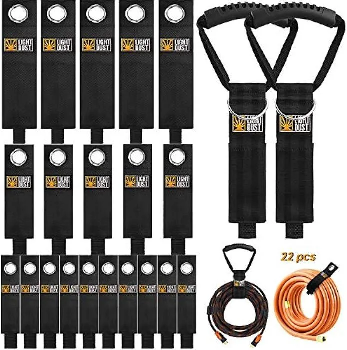 Bundle of 22 black hook-and-loop cable straps with D-rings and carrying handles