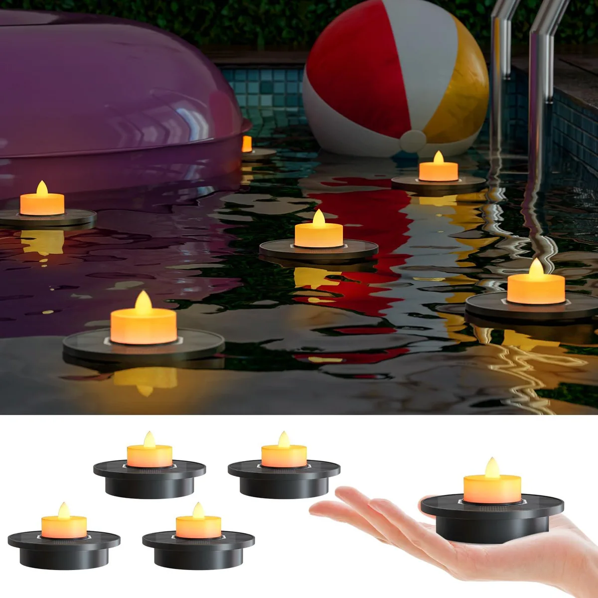 Five white acrylic floating lights with clear prismatic tops, each about 3.8 inches wide