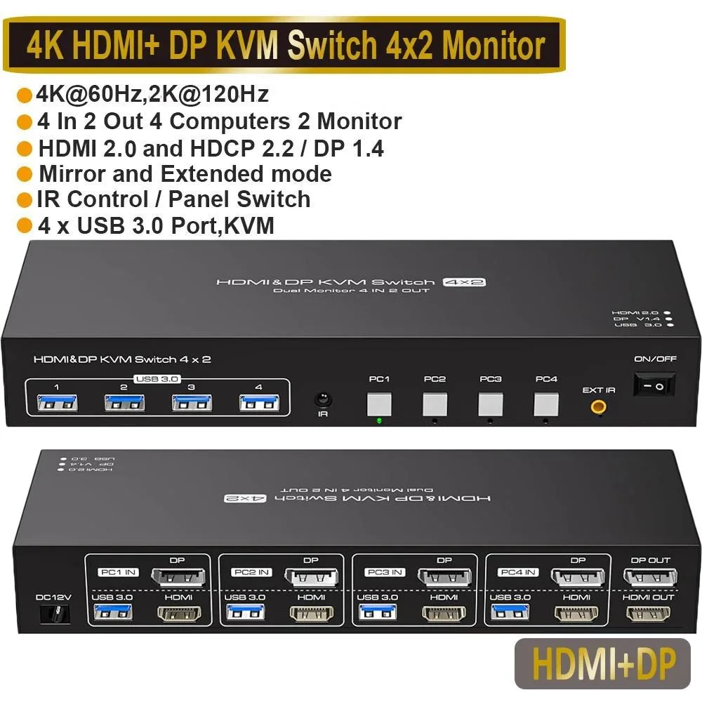 LUOM LUOM SW244-1DP1HD 4K 60Hz KVM Switch 4 Computer 2 Monitor HDMI DisplayPort USB 3.0 — product photo
