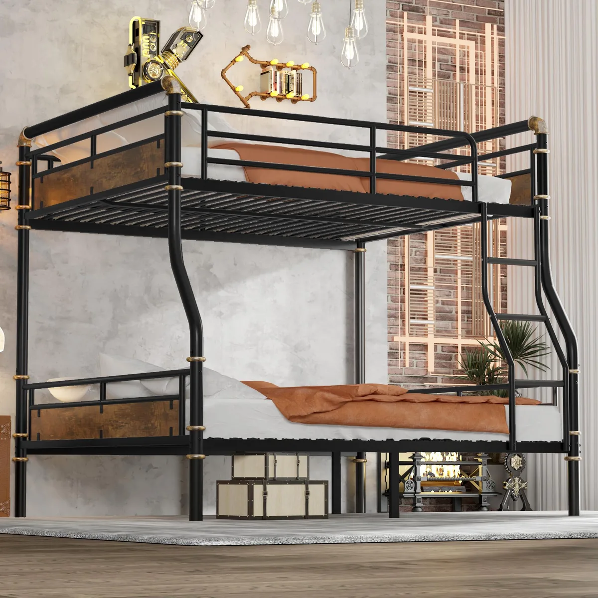 Black metal bunk bed with full XL top, queen bottom, ladder and guardrails