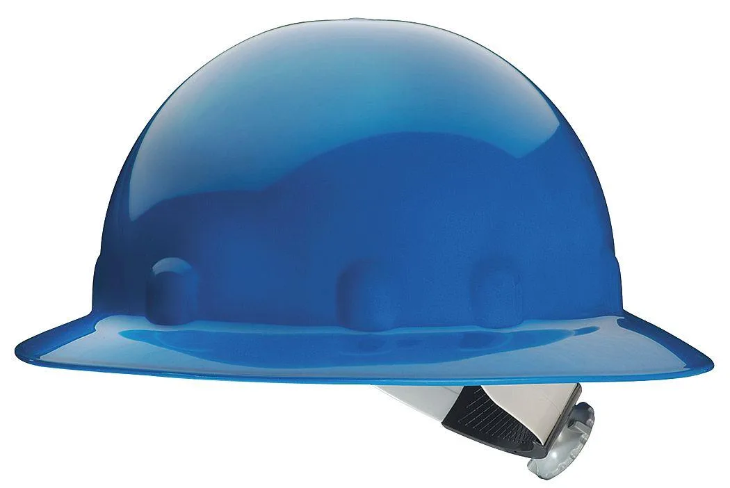 Blue full-brim thermoplastic hard hat with eight-point ratchet suspension