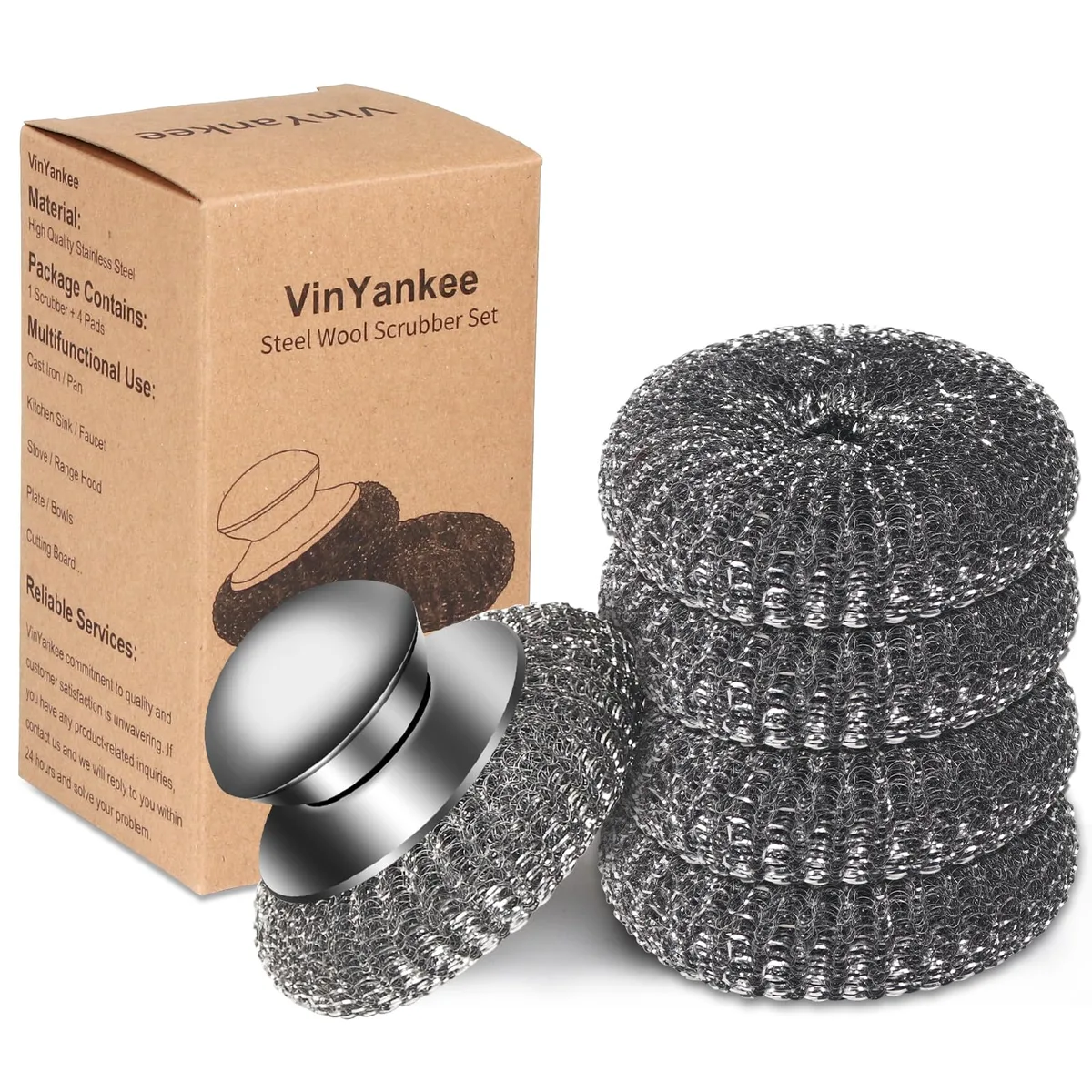 Stainless steel scrubber with handle and four replacement wire sponge pads