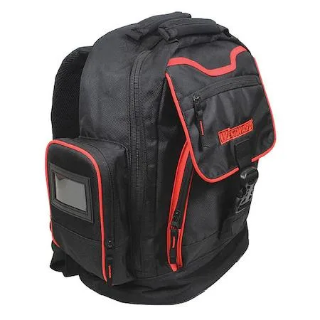 Black polyester tool backpack with 19 pockets and corner guards