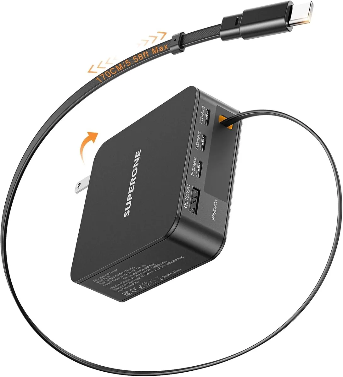 TIZOPO TIZOPO 143W 5-port GaN charger with 5.58ft retractable USB-C cable — product photo
