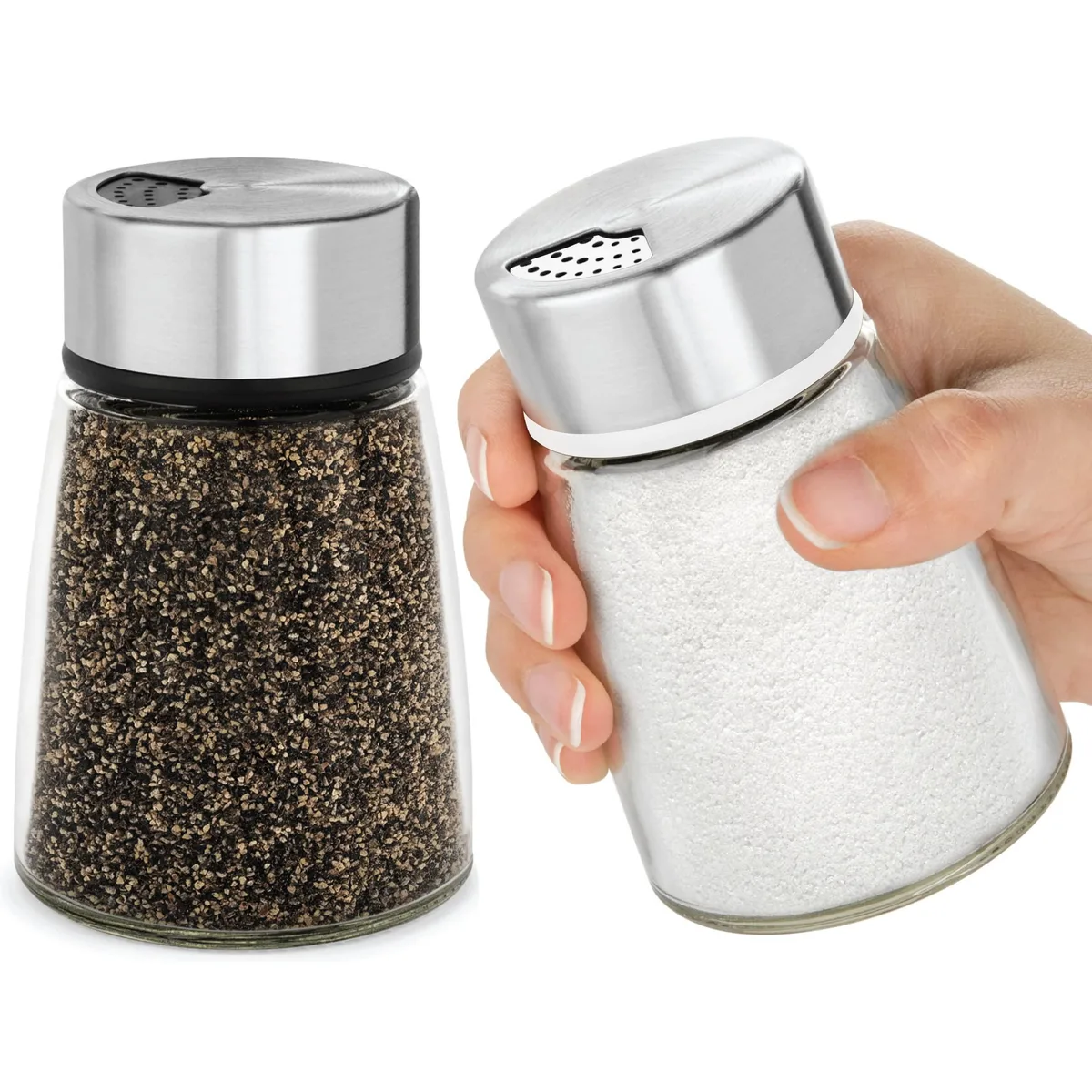 Two stainless steel and glass shakers with adjustable rotating lids, brushed finish, standing side by side