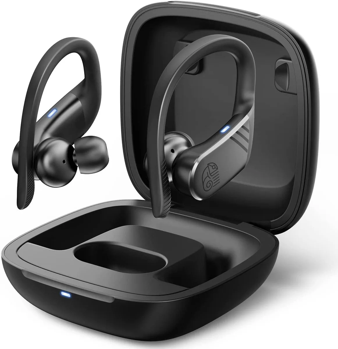 Black wireless earbuds with earhooks and charging case