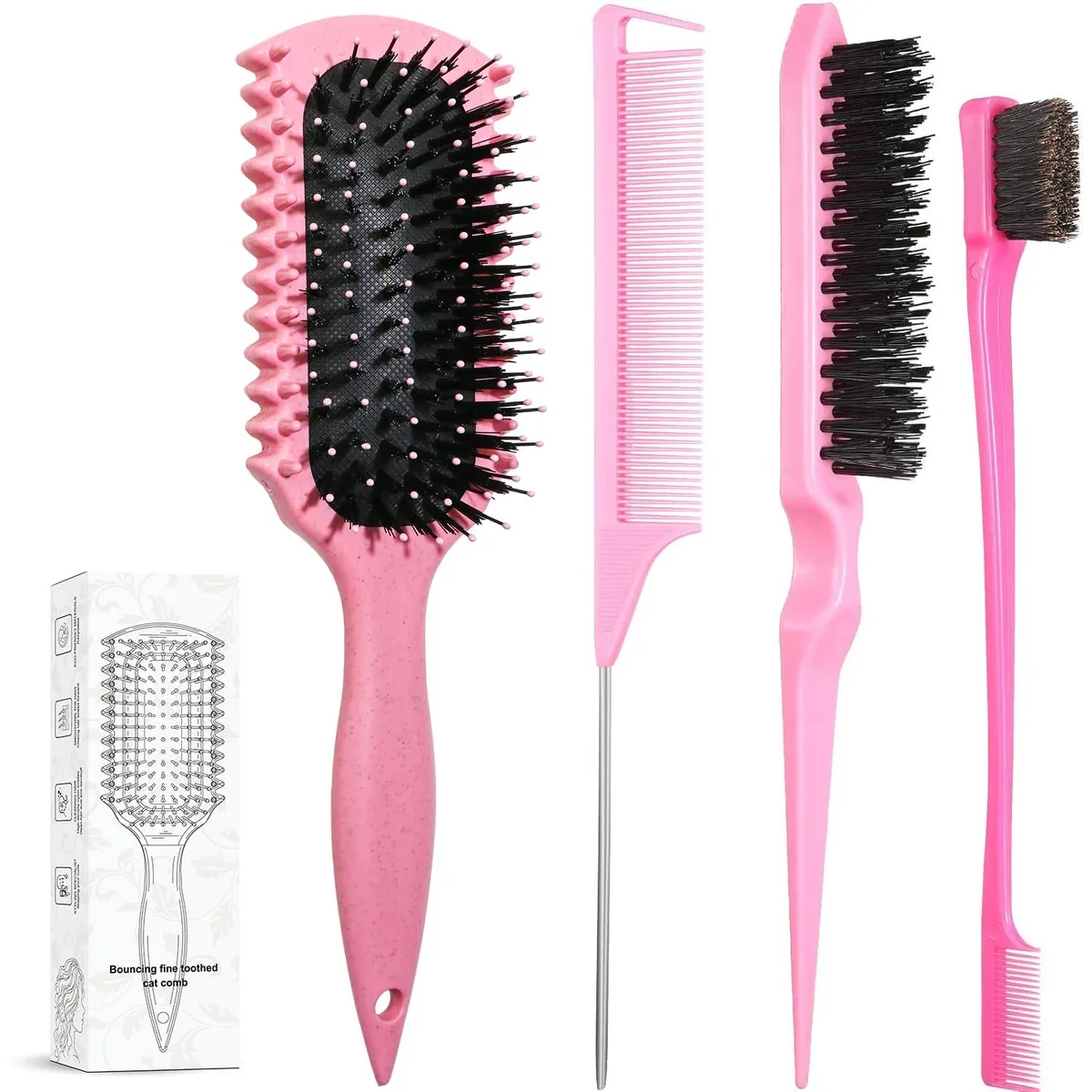 Three pink curl-defining hair brushes with ergonomic handles and boar bristles