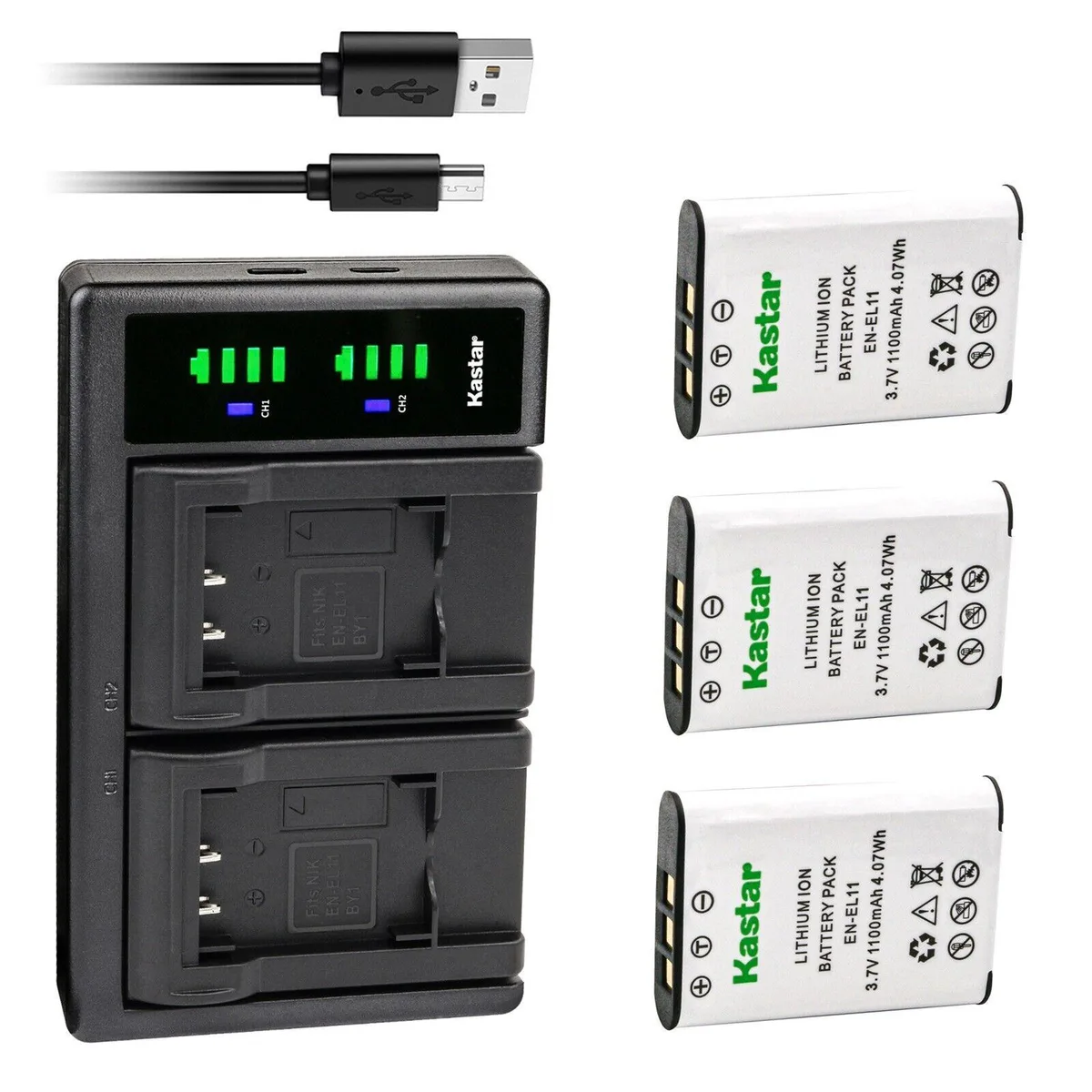 Kastar Kastar EN-EL11 MH-64 Coolpix S550 S560 Olympus Li-60B 3-Pack Battery &amp; LTD2 USB Charger — product photo