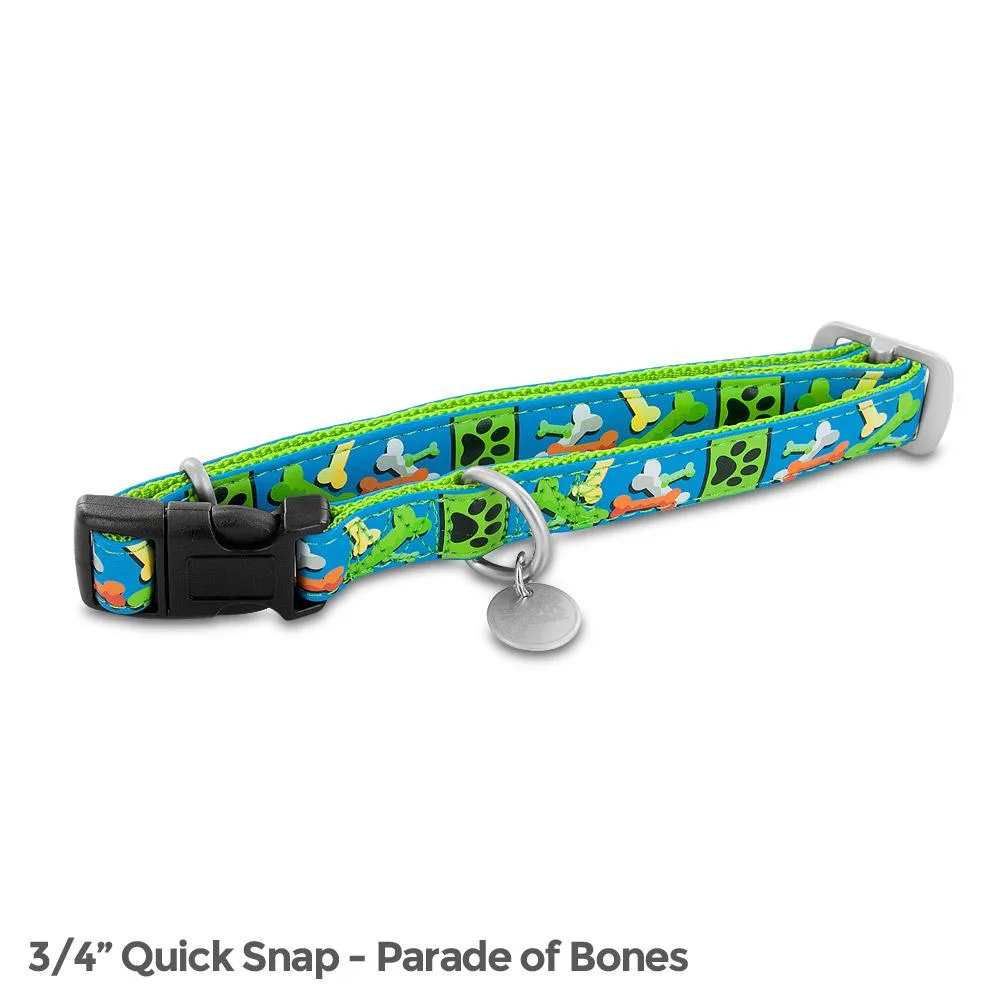 Faux leather dog collar with bones pattern, brushed nickel buckle, 34 mm wide, fits 14 to 20 inch necks