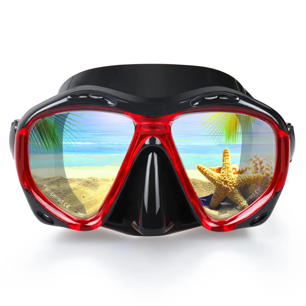 Black dual-lens swimming mask with tempered glass, liquid silicone skirt and nose cover
