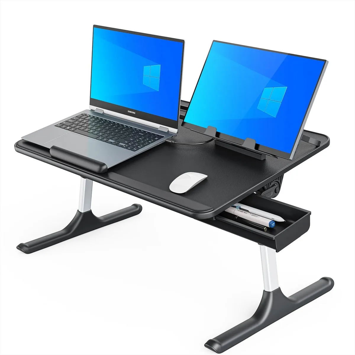 Black foldable lap desk with adjustable legs, sliding feet, book stand, storage drawer and wrist rest