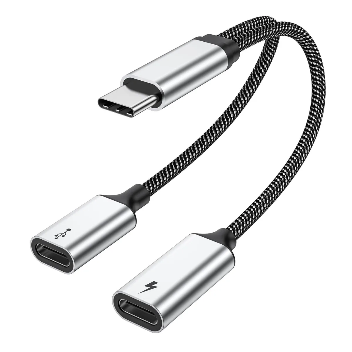 Black nylon-braided USB-C male to dual USB-C female splitter cable with data and charging ports