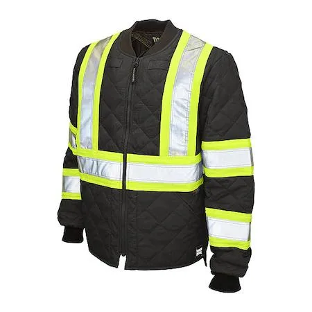 Black quilted polyester safety jacket size L with rib-knit collar and cuffs, zip front, two outside pockets