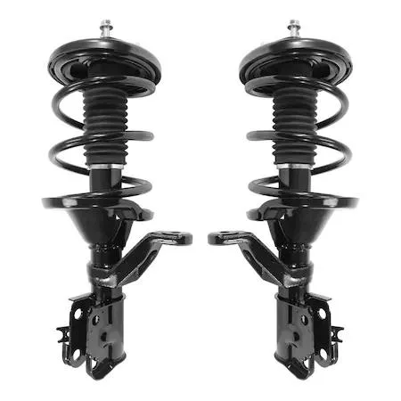 Pair of Unity front complete strut assemblies, silver metal finish, pre-assembled with coil springs and top mounts