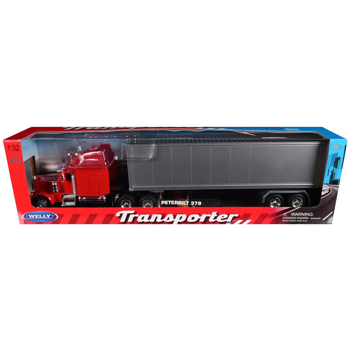 WELLY WELLY Peterbilt 379 Truck Red Silver Container 1/32 Diecast — product photo