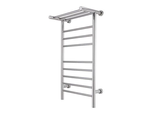 Polished stainless steel heated towel bar with eight horizontal rails and a three-bar shelf