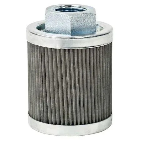Cylindrical metal suction strainer with stainless steel mesh screen and threaded end fitting