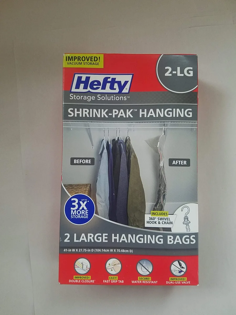 Clear plastic box holding twelve packs of two large hanging storage bags