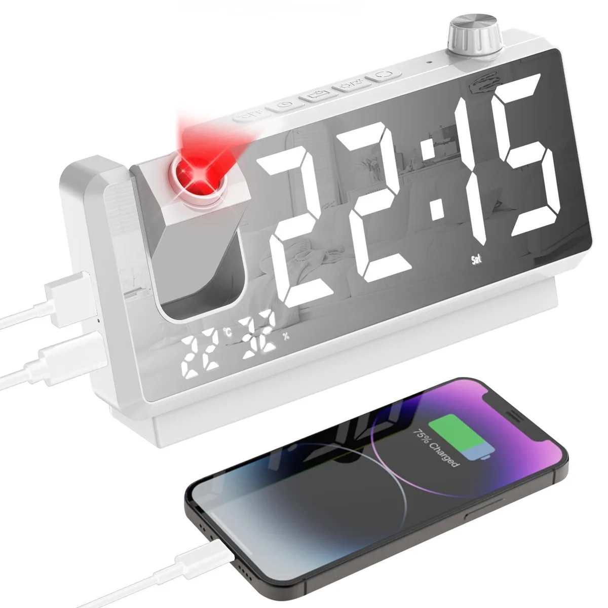 White rectangular projection alarm clock with large LED display and adjustable projector arm