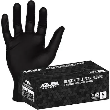 Black nitrile disposable gloves with textured fingertips, powder-free, ambidextrous, food-safe, 100 per box