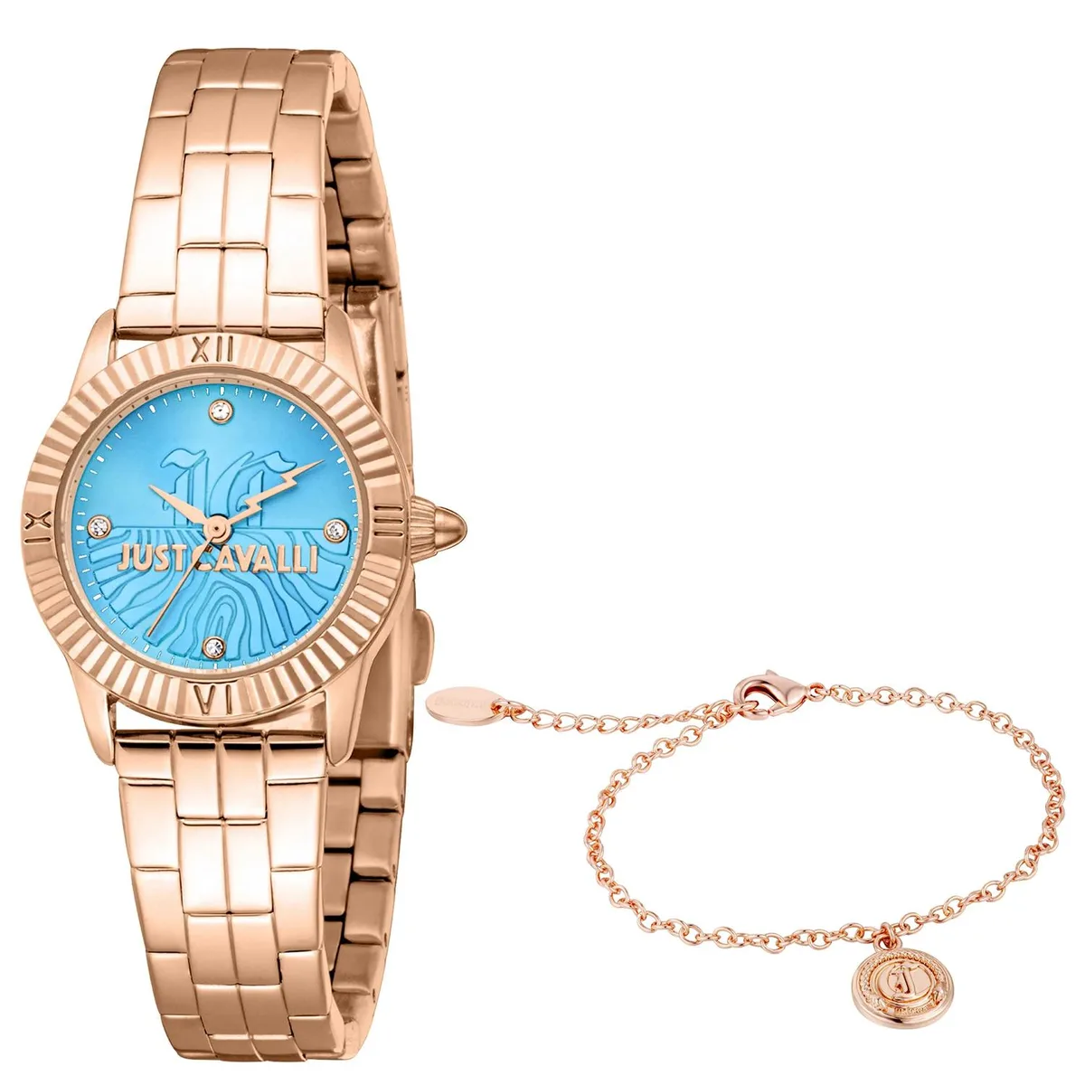 Blue dial stainless steel watch with matching bracelet