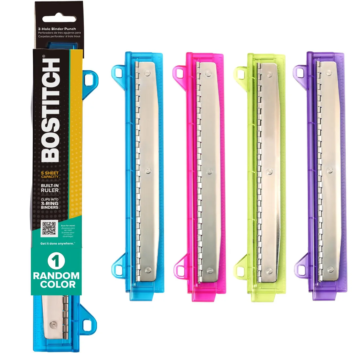 Compact plastic and metal three-hole punch in blue with integrated ruler, fits standard binders