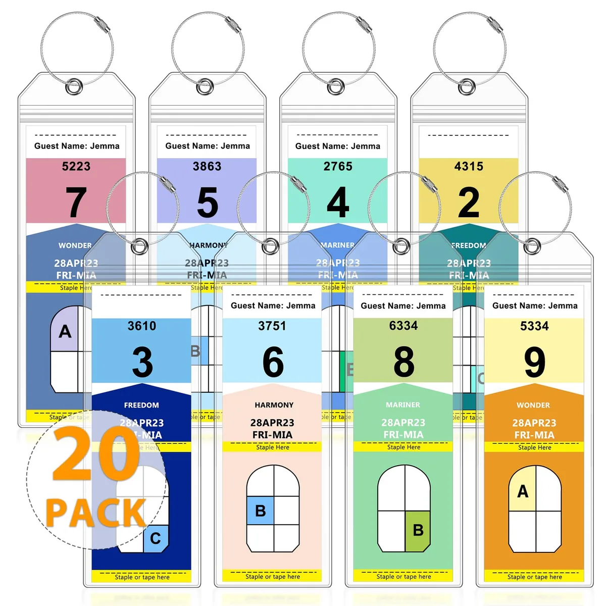 Twenty narrow grey plastic luggage tag holders with clear windows and steel loops