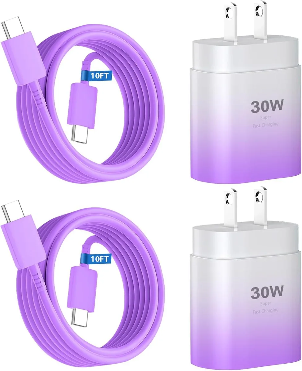 Compact purple gradient USB-C charger block with long matching cable