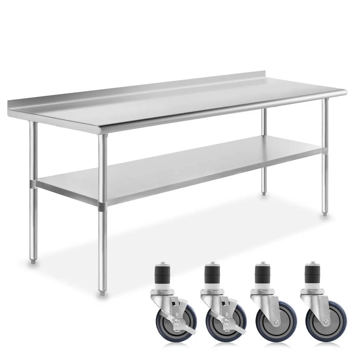 Rectangular stainless steel prep table with backsplash, four casters, and lower shelf