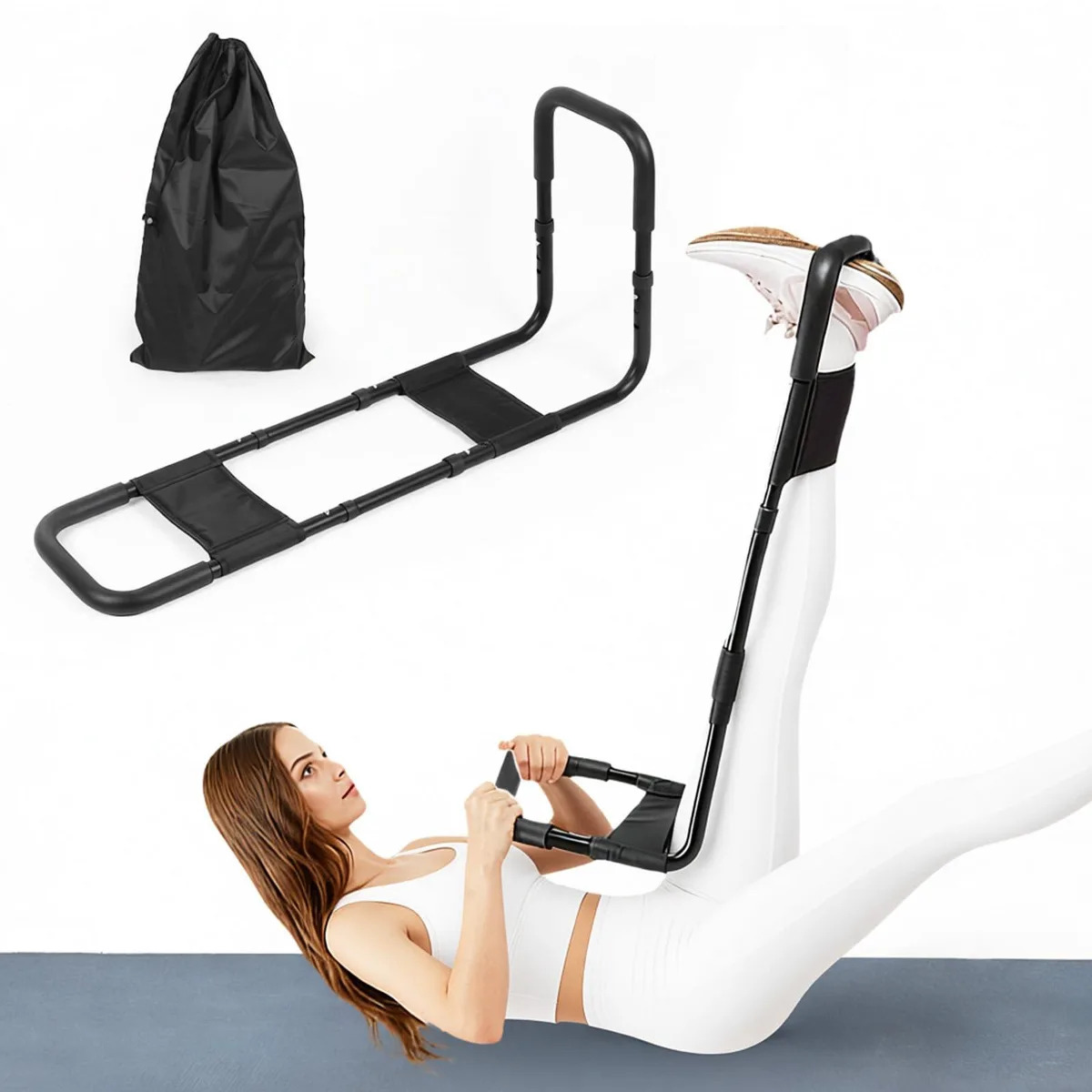 Black alloy steel hamstring stretcher with extra long body, adjustable sliding rail and foam handles