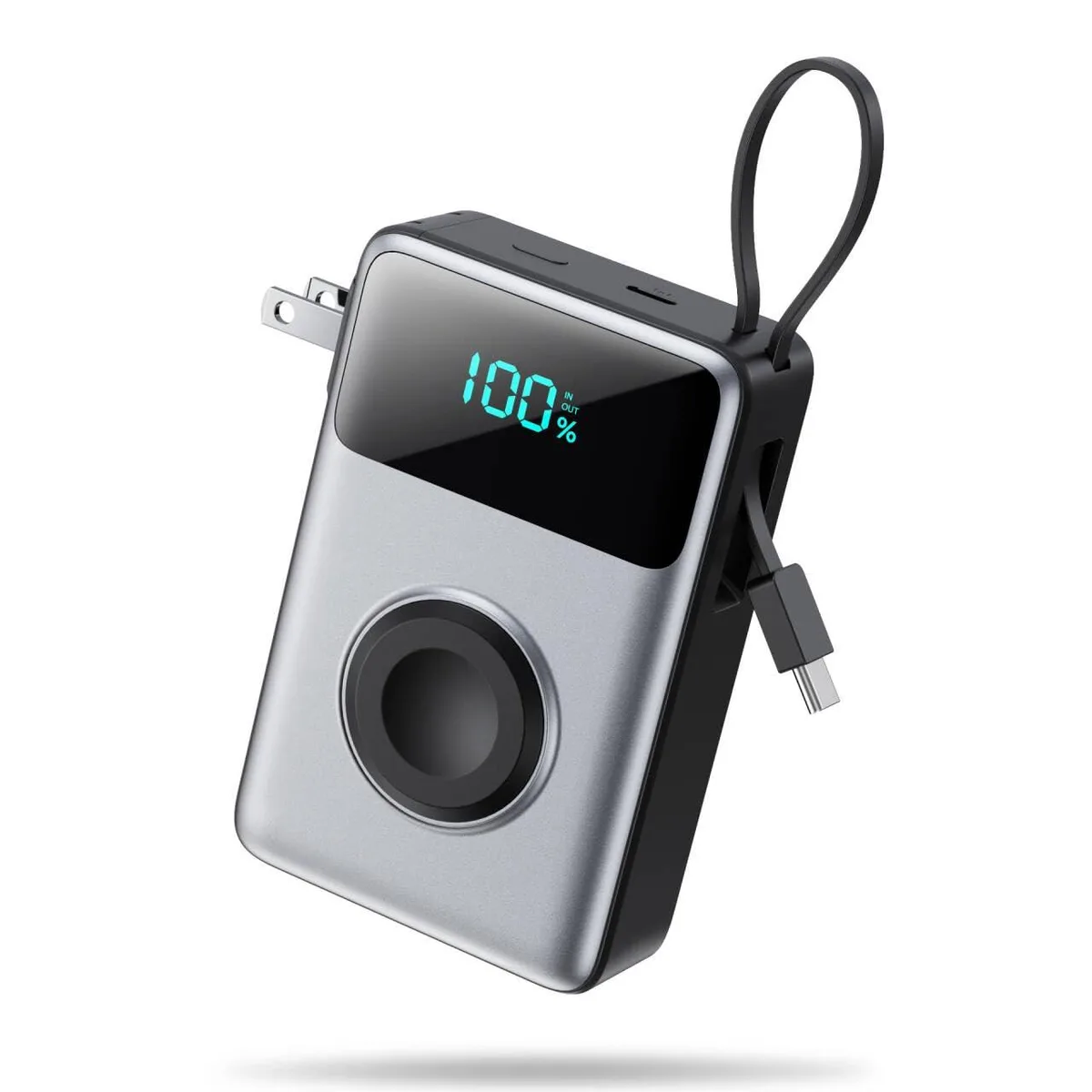  AONIMI HX100N7 10800mAh power bank with built-in USB-C cable, foldable wall plug, Apple Watch charger — product photo