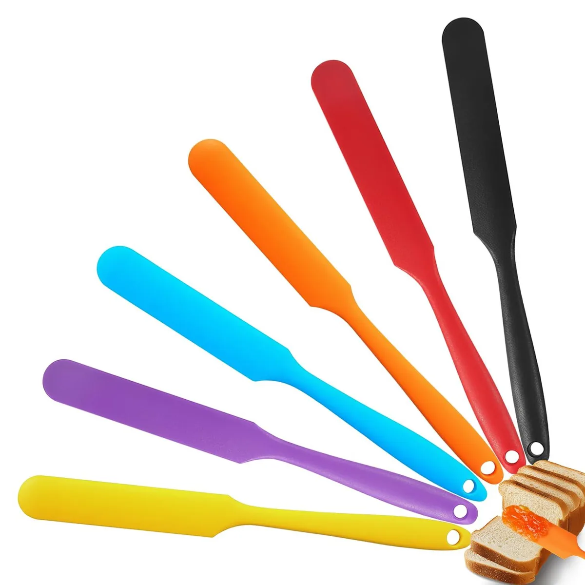 Six multi-coloured silicone jar spatulas with long slim handles and flexible heads