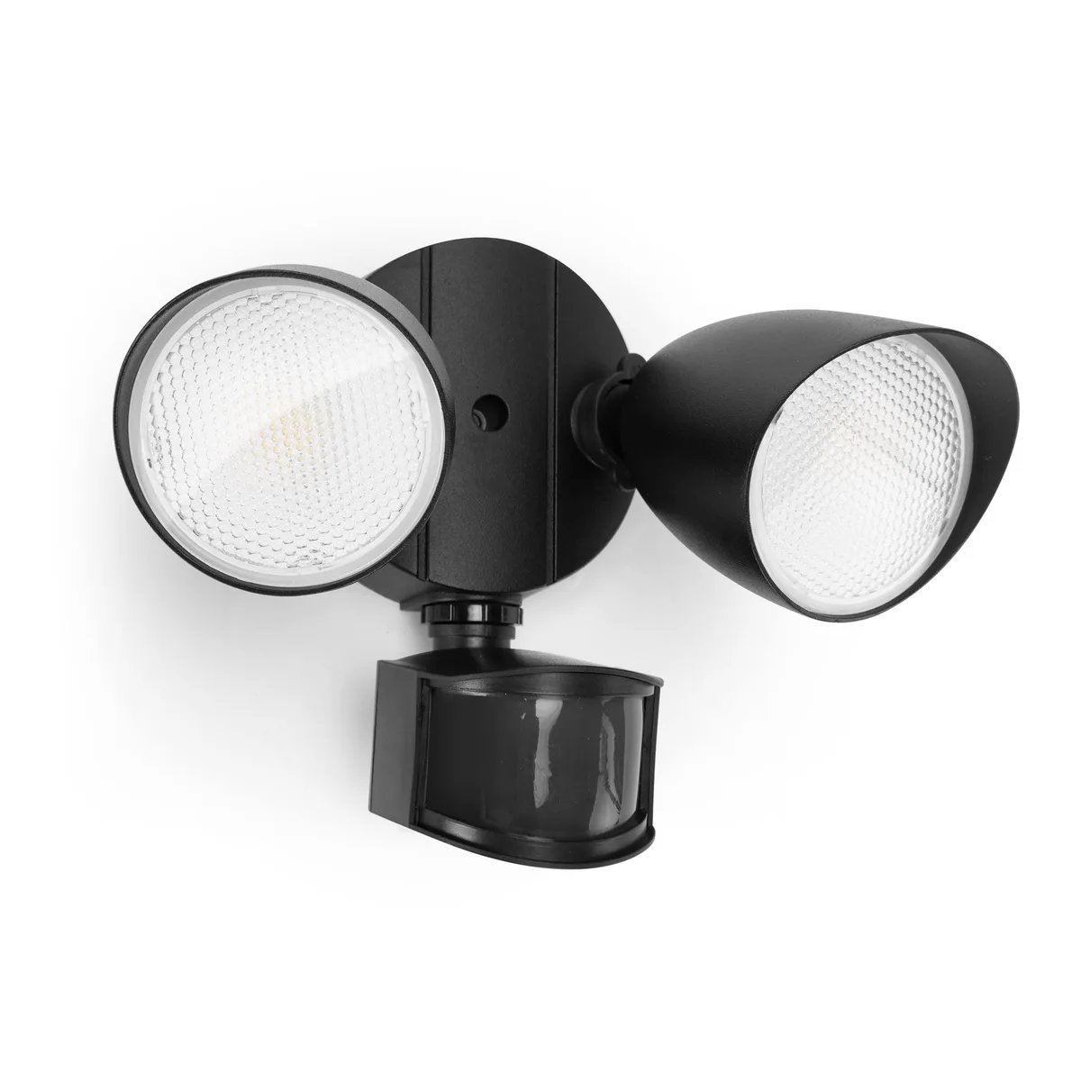 Black rectangular LED floodlight with two adjustable heads and a motion sensor, matte aluminium finish