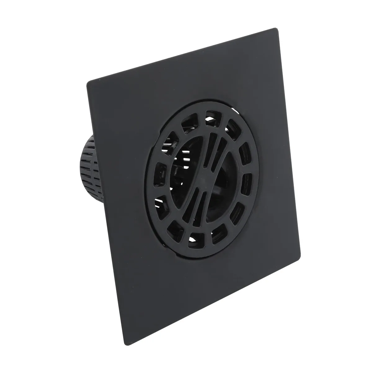 Twelve matte black square shower drain covers with removable hair catcher baskets