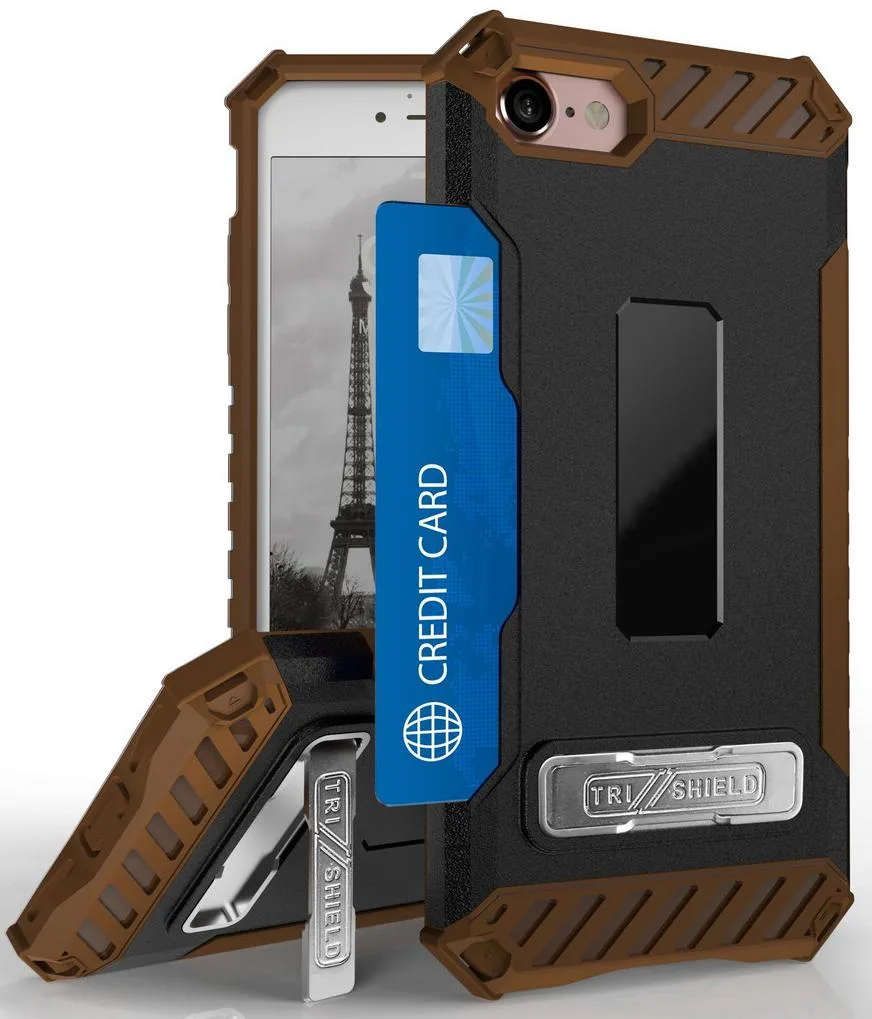 Nakedcellphone Nakedcellphone Tri-Shield Kickstand Wallet Case with Strap for iPhone SE 2022/2020 Brown — product photo