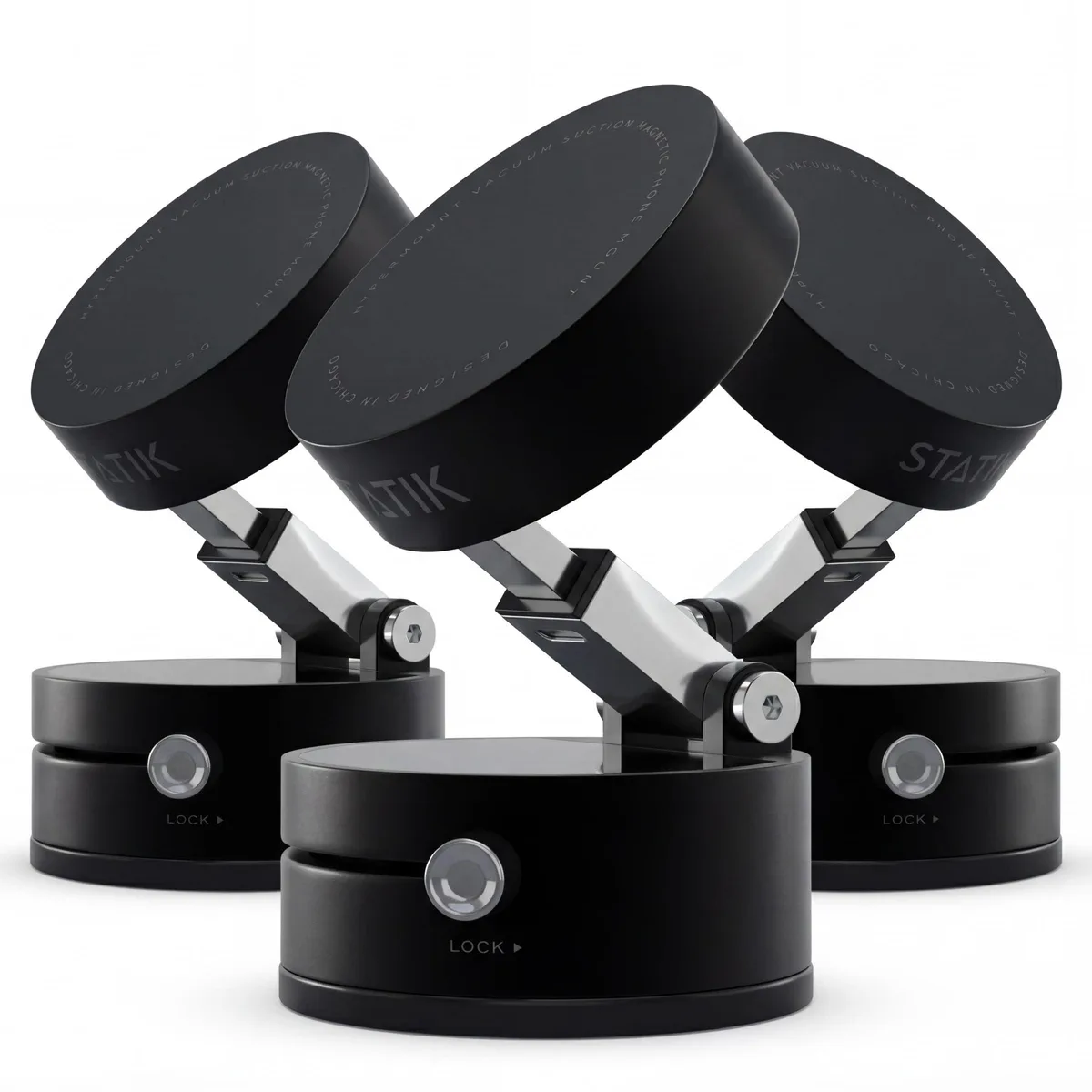 Statik HyperMount Gen 2 vacuum phone mount, matte black finish, compact rectangular base with circular magnetic head
