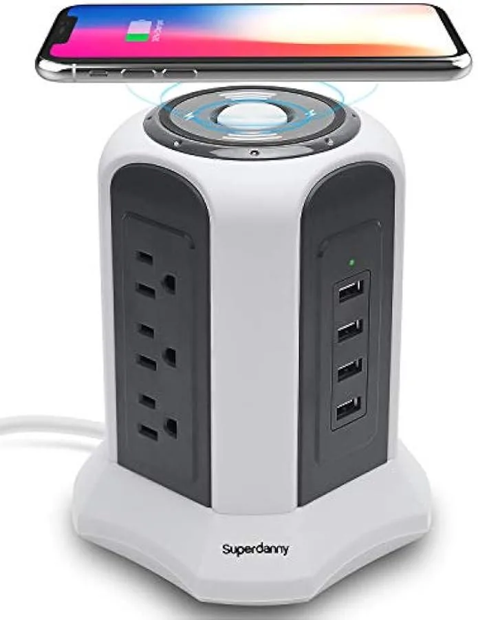 TAURKENAM TAURKENAM Power Strip Tower Wireless Charger White Gray 9.8ft 9-Outlet 4 USB 4.5A Surge Protector — product photo