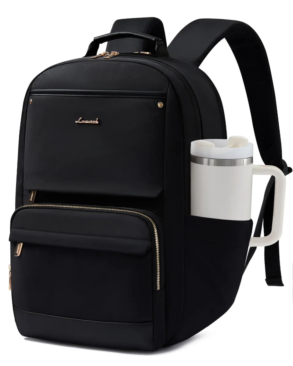 Beige polyester laptop backpack with dual side bottle pockets and luggage pass-through strap