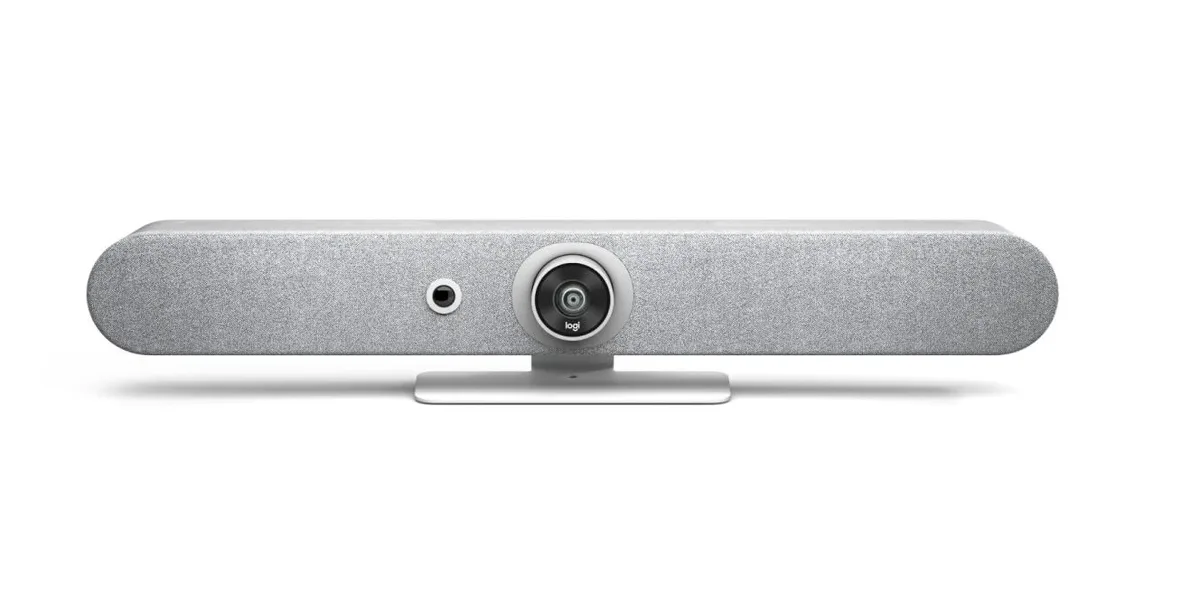 White all-in-one conference bar with integrated camera and speakers