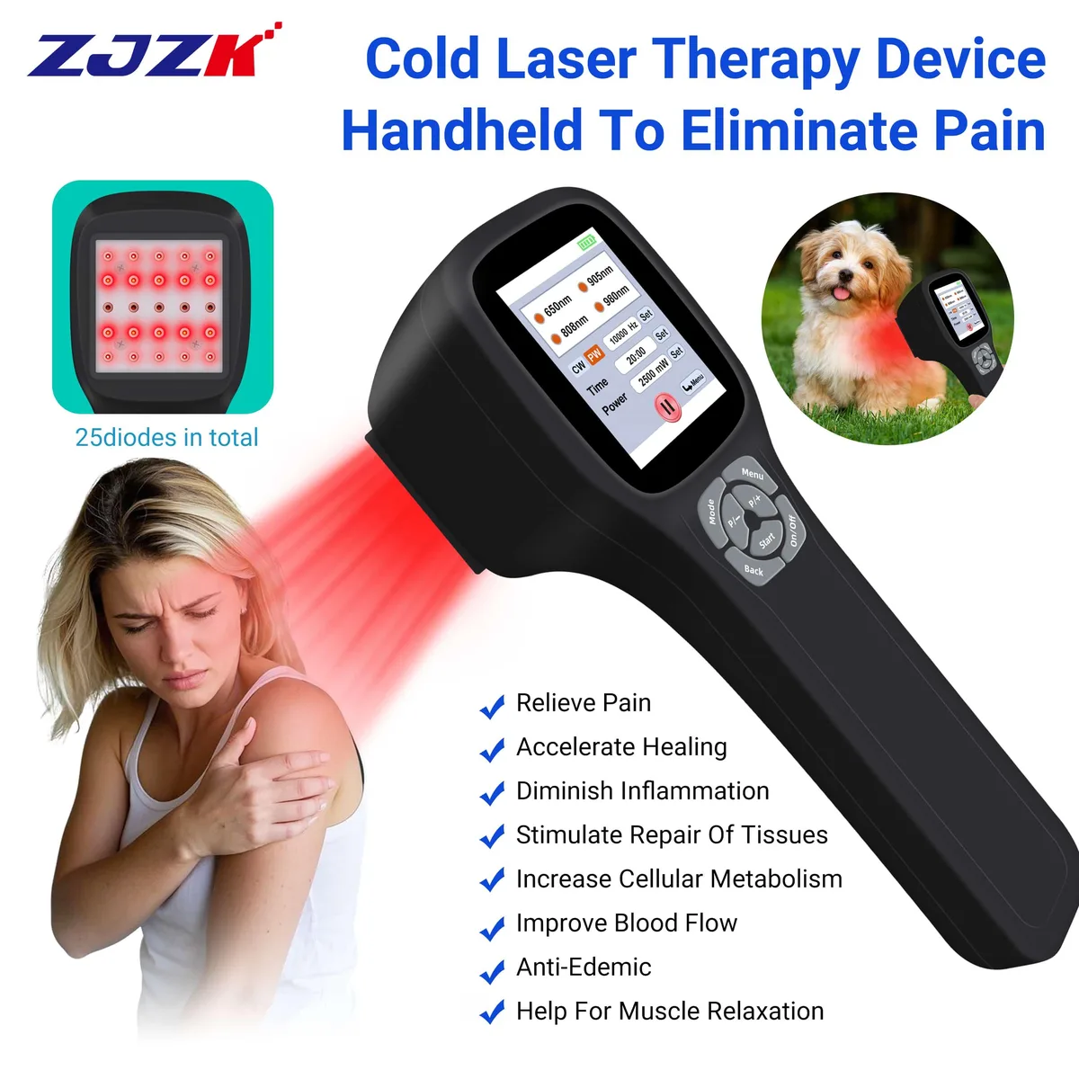 ZJZK ZJZK PMW2500-717 Cold Laser Therapy Device 25 Diodes 4 Wavelengths 2.8in Touch Screen Home Health Care — product photo