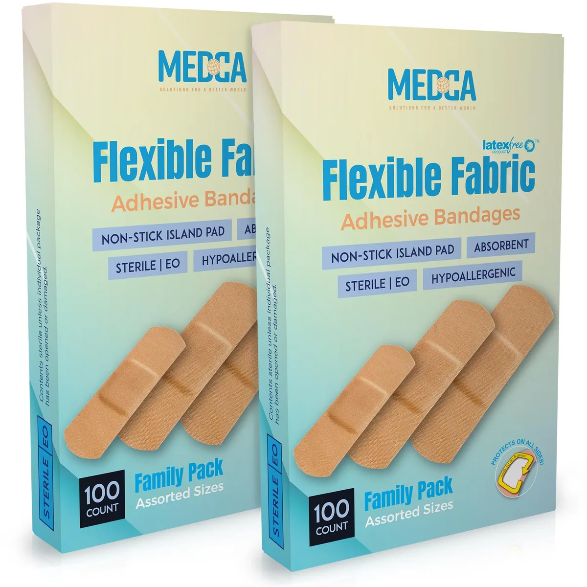 Two cardboard boxes containing 200 fabric adhesive bandages in assorted sizes