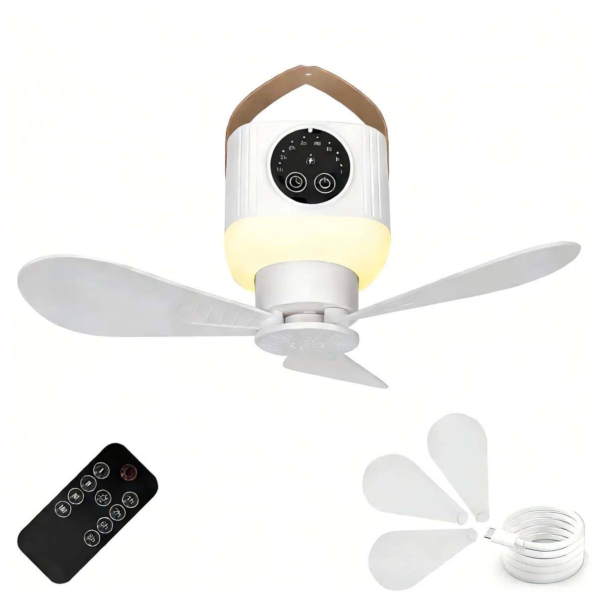 Silver portable camping fan with five detachable blades, LED light and hook