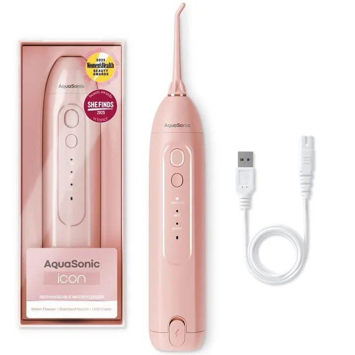 A blush Waterpik Icon cordless water flosser with 150ml tank and jet tip