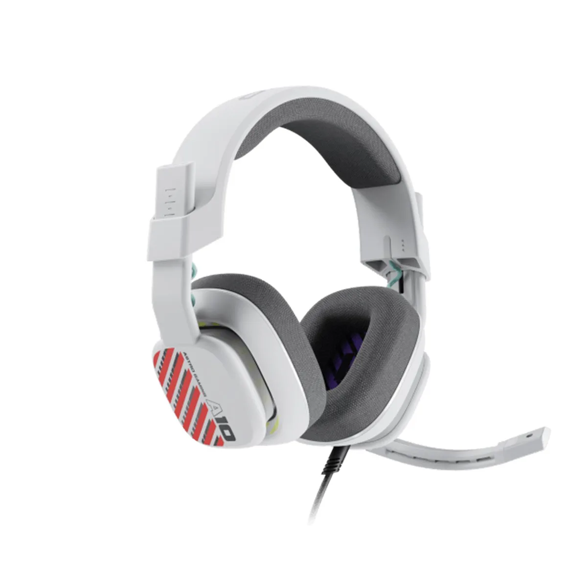 White wired gaming headset with on-ear cushions and flip-up microphone